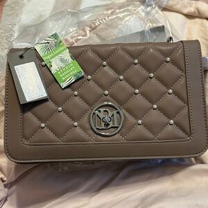 Badgley Mischka Elegant Taupe Quilted Bag with Pearl Accents NWT